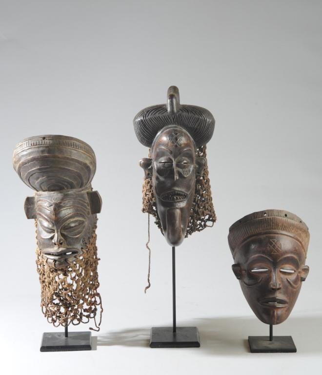 Three Chokwe Masks, D. R. Congo: Carved wood, fiber rope. Largest approx. 12 1/2" in length.Provenance: Estate of Thomas McNemar, (1931-2020.) McNemar lived and collected throughout Central and West Africa in the 1960s and 70s. He es