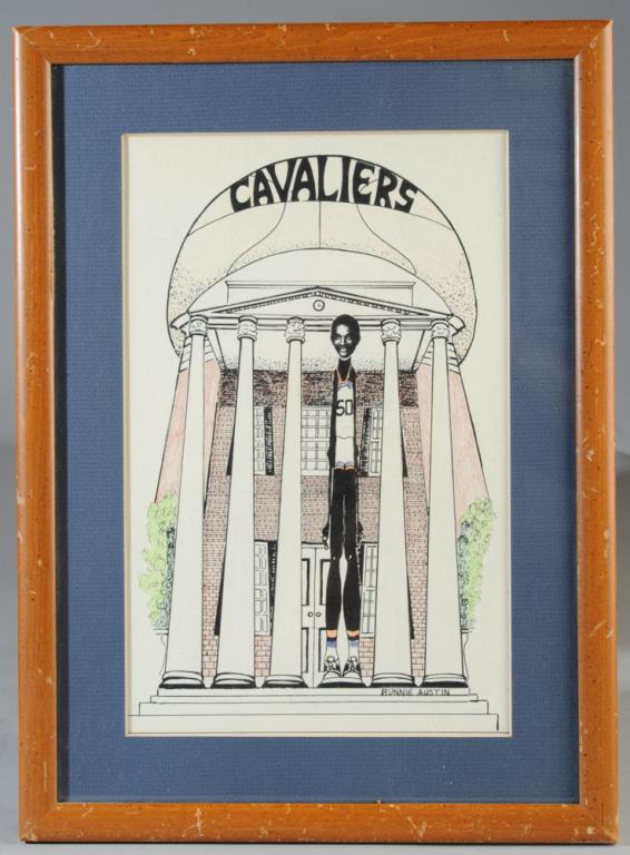 Vintage UVA Basketball Art Ralph Sampson: Cartoon image of University of Virginia Cavaliers basketball great, center Ralph Sampson, showing the 7'4" future NBA allstar in his (now retired) no. 50 jersey, standing in for one of the pillars on 
