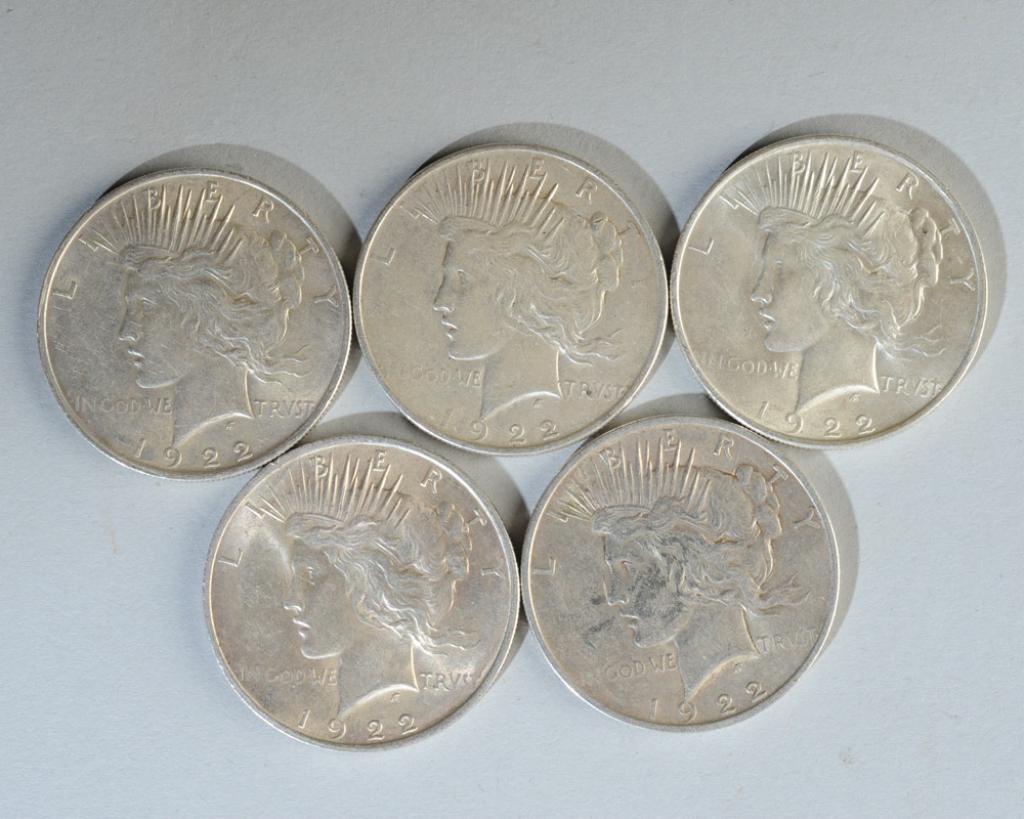Five 1922 Peace Dollars (1 of 2)
