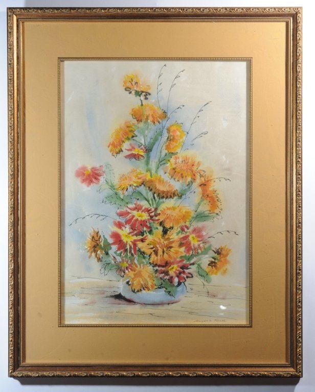Original Watercolor on Paper, Floral Still Life: Red, orange and gold flowers in a blue bowl, ink and watercolor on paper. Signed lower right Marguerita Farmer. Frame, approx. 29 1/2" x 23 1/4"