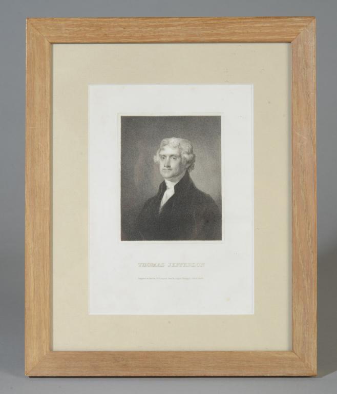 Thomas Jefferson Engraving + UVA Print: Framed steel engraving of Thomas Jefferson by James B. Longacre, fourth chief engraver at the U. S. Mint, from the painting by Gilbert Stuart. Offered together with small print of the University of Vi