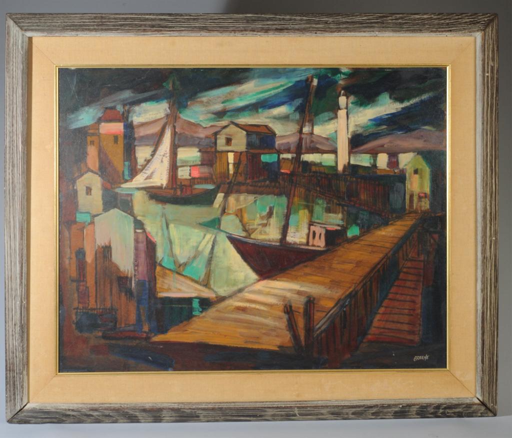 Abstract Oil on Board Harbor Scene Signed Greene (1 of 5)