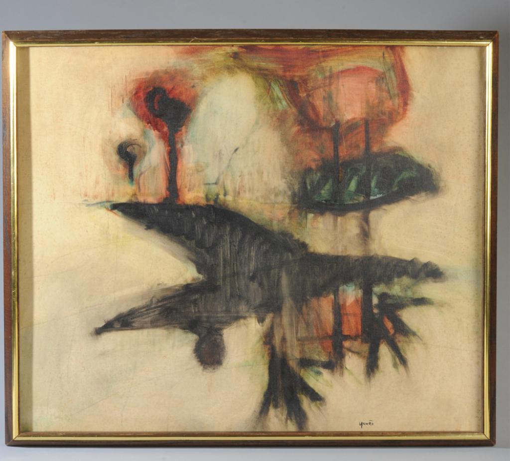 Mid Century Abstract Oil on Board Illegibly Signed (1 of 2)