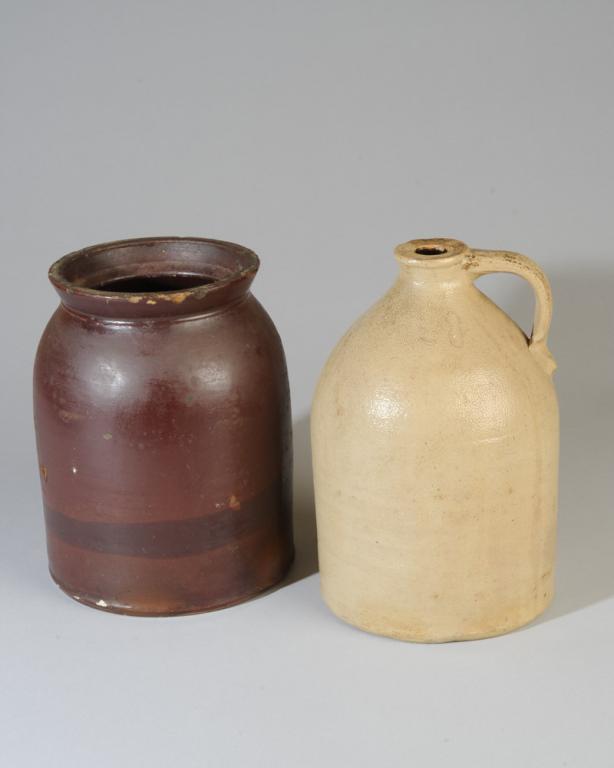 Stoneware Jug and Pot: No visible makers marks, both in as-found condition.Tallest H: approx. 10"