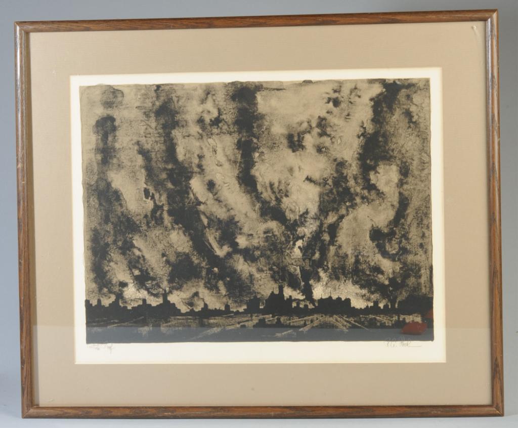 Richard Aberle Florsheim (1916-1979): Original color lithograph entitled "Lightening" by Richard Aberle Florsheim. Signed in pencil lower right, marked Artist's Proof lower left. The Chicago-born artist studied with Aaron Bohrod in New Yo