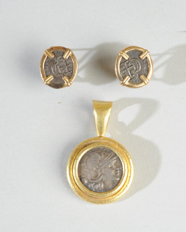 14K Gold & Old Coin Earrings +18K Gold Pendant (1 of 5)