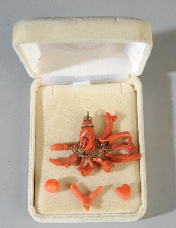 Victorian Coral Hand Pendant w/Charms, 12k Chain (1 of 3)