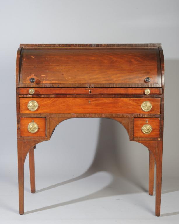 Regency Roll Top Desk: Satinwood with Mahogany secondary, some losses / in as-found condition.H: approx. 40 1/4".W: approx. 34 1/4".D: approx. 17 1/2".