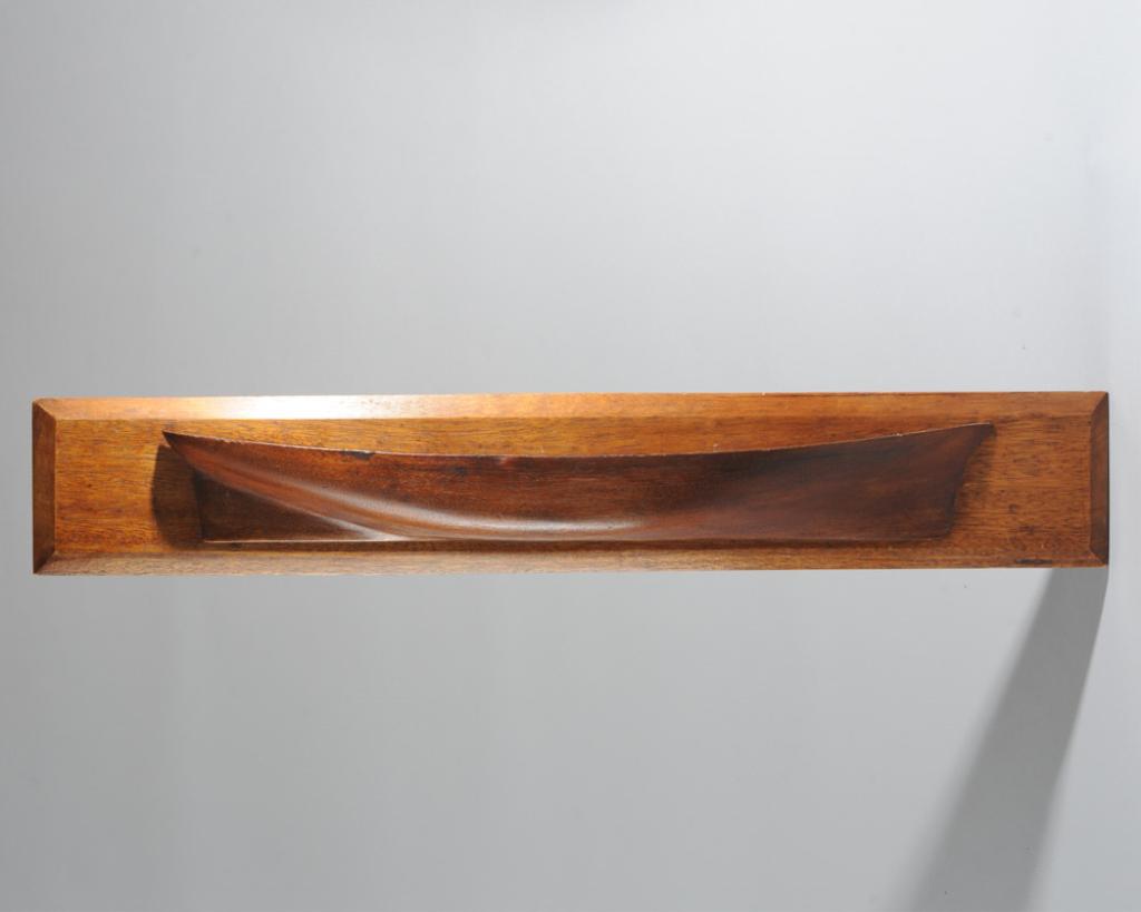 19th C. Shipbuilder's Half Hull Model: Solid block carved shipwright's scale model half hull, mounted to beveled board. Originally used when designing and building a ship, surviving examples have become sought after folk art. Model is appr