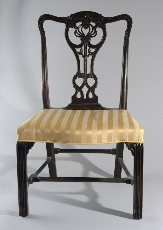 Late 18th C. English Chippendale Side Chair: Mahogany, intricately carved, with contemporary upholstery to seat.H: approx. 37 1/4".