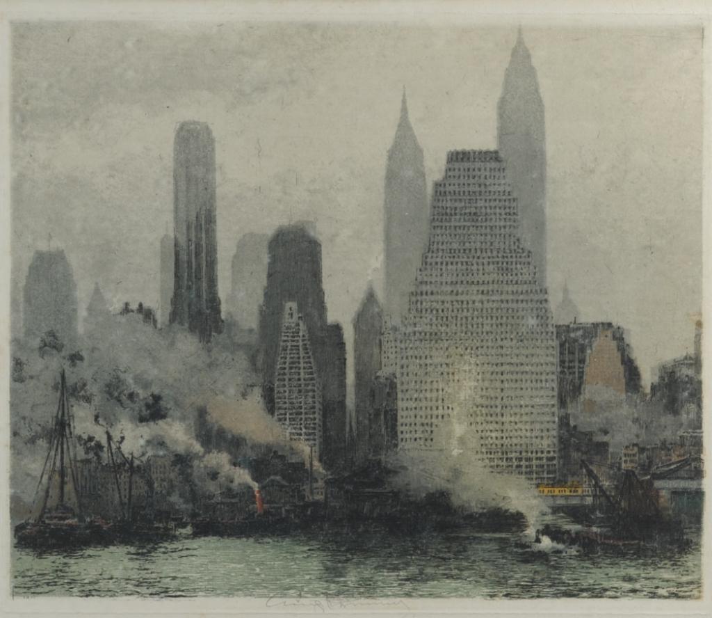 Luigi Kasimir Color Etching, New York: 1936 Color etching by Luigi Kasimir (Austrian, 1881-1962) showing the New York City skyline above the East River, softened with the foggy air and the steam from ships. Subtle but rich hues by the arti