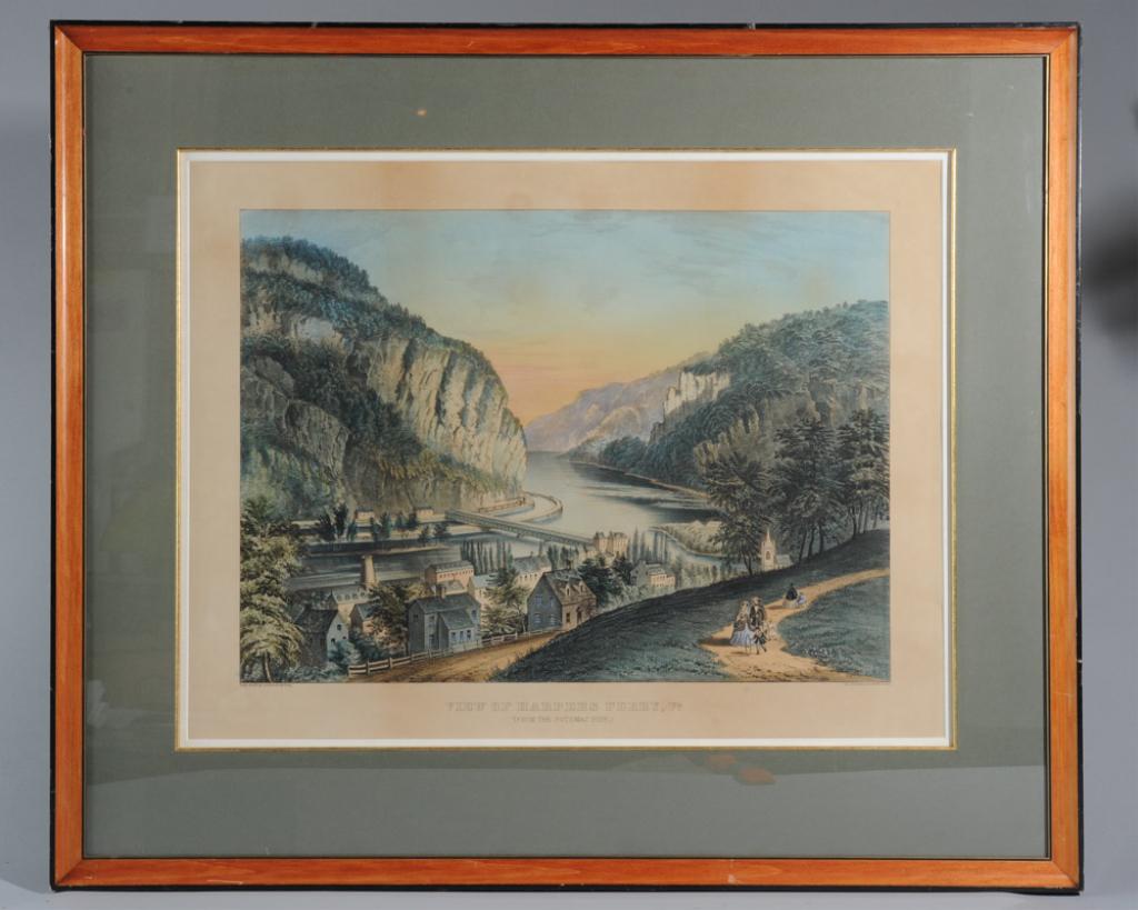 Currier & Ives View of Harper's Ferry Lithograph: Hand-colored Currier & Ives lithograph entitled: VIEW OF HARPER'S FERRY VA. FROM THE POTOMIC SIDE. Published by Currier & Ives, 152 Nassau St. New York. Circa 1860. Visible image: approx. 23 1/4" x 17