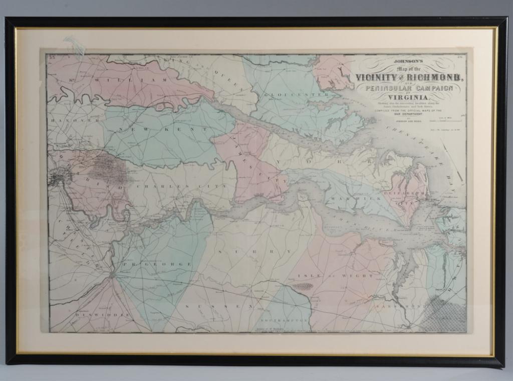 Johnsons 1862 Map of Richmond, Peninsular Campaign: Large hand-colored map entitled JOHNSON'S MAP OF THE VICINITY OF RICHMOND AND PENINSULAR CAMPAIGN IN VIRGINIA, Subtitle: Showing also the interesting localities along the James, Chickahominy and York 
