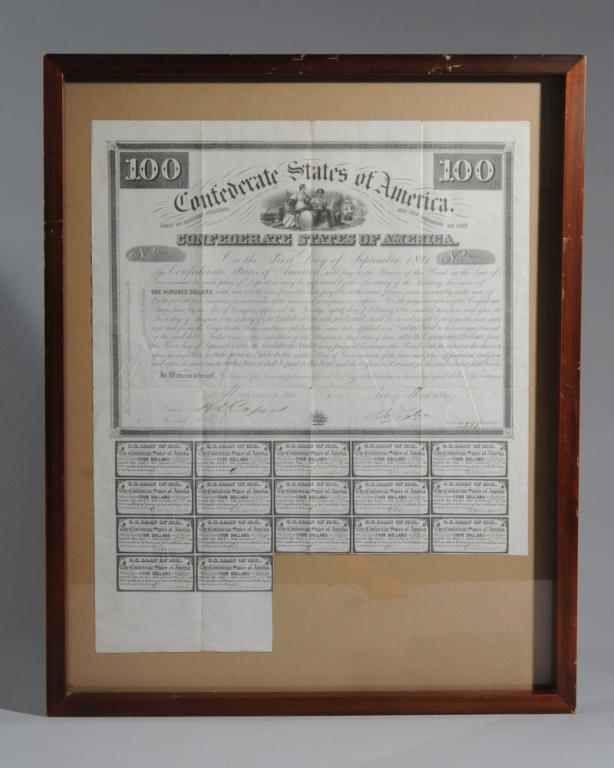 1861 Confederate Bond and Coupons, Montgomery: Confederate States of America 1861 one hundred dollar bond certificate no. 7711 issued in Montgomery, Alabama, then the capitol of the Confederacy and the place where the first Confederate bonds were