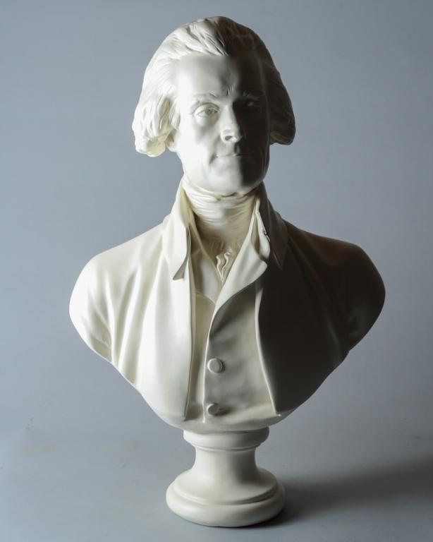 Bust of Thomas Jefferson after Jean-Antoine Houdon: Large composition sculpture after the original by Jean-Antoine Houdon. Jefferson admired Houdon's work and sat for the sculptor in 1785 when visiting the court of Versailles. This replica was produced