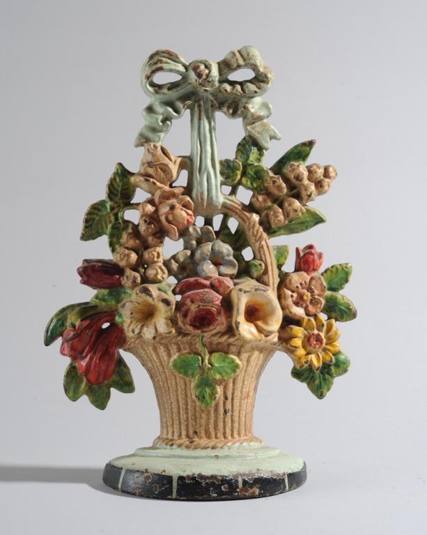 Hand Painted Cast Iron Floral Motif Door Stop: In as-found condition.H: approx. 10 1/2"