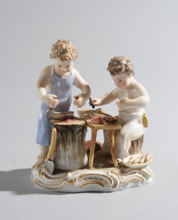 Meissen Figural Grouping, Children Making Sausage: Meissen porcelain figural grouping, children making sausages. Damaged/ in as-found condition.H: approx. 4 1/2"