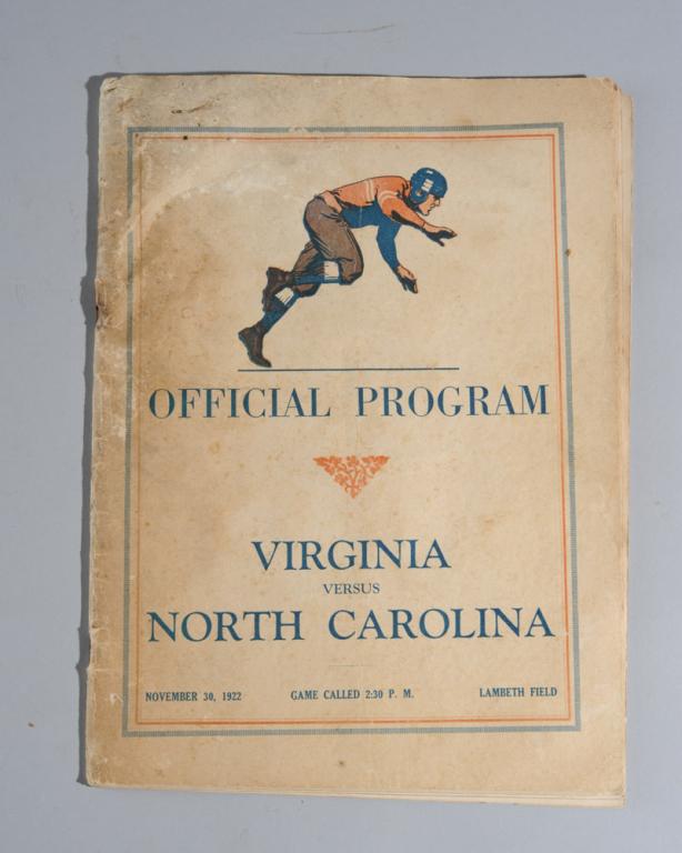 1922 UVA vs. North Carolina Football Program: Official Program, University of Virginia Vs. North Carolina at Lambeth Field, November 30, 1922. With player and other photographs, advertisements, team yells, etc. Some moisture damage. Approx. 7 3/4