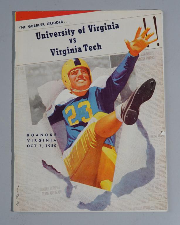 1950 UVA vs. Virginia Tech Football Program: The Gobbler Gridder" program for October 7, 1950 game between the University of Virginia and Virginia Tech, in Roanoke, Virginia, with photographs, stats, bios, lots of great local ads. Approx. 10 1/2