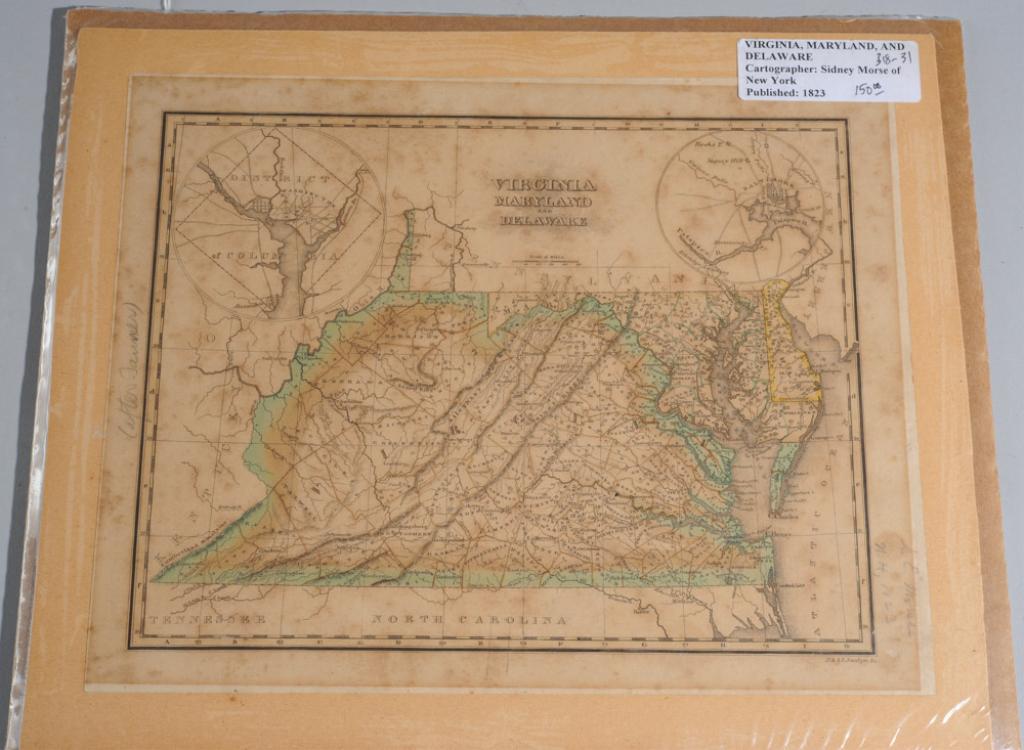 1823 Morse Map Virginia, Maryland & Delaware: Hand colored engraved 1823 Map of Virginia, Maryland and Delaware with District of Columbia and Baltimore and surroundings, by Sidney Edwards Morse (1794-1871.) Publisher, N & S. S. Jocelyn. Published