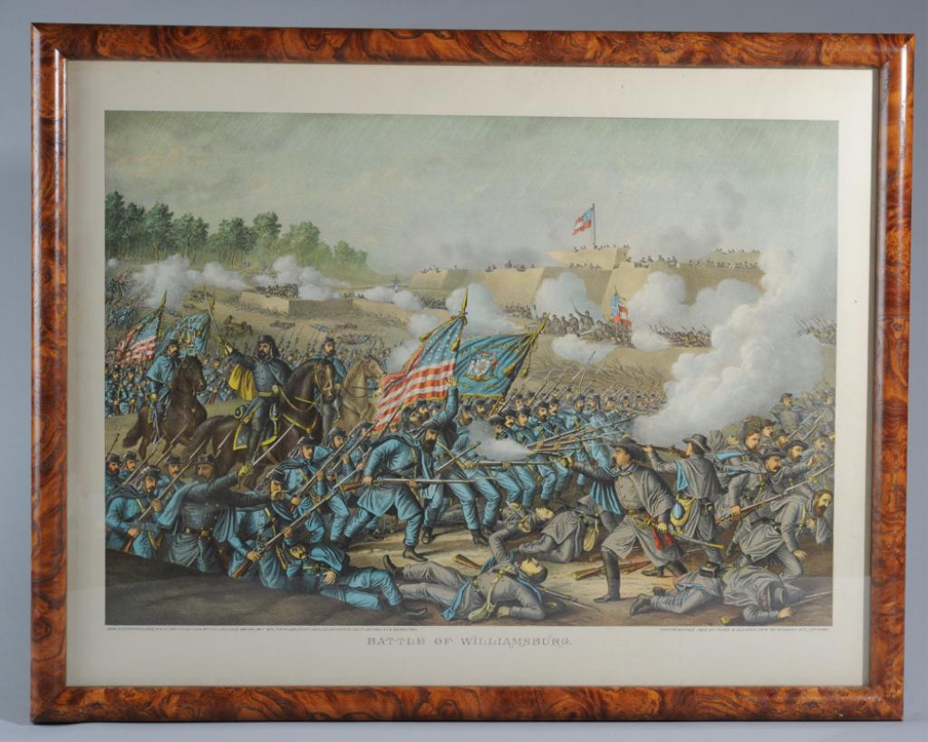 Two 19th C. Kurz & Allison Civil War Prints: Two framed chromolithographs published by Kurz and Allison, Chicago, the first entitled BATTLE OF WILLIAMSBURG, showing a battle scene with the stars and stripes and the flag of the 5th Wisconsin volu