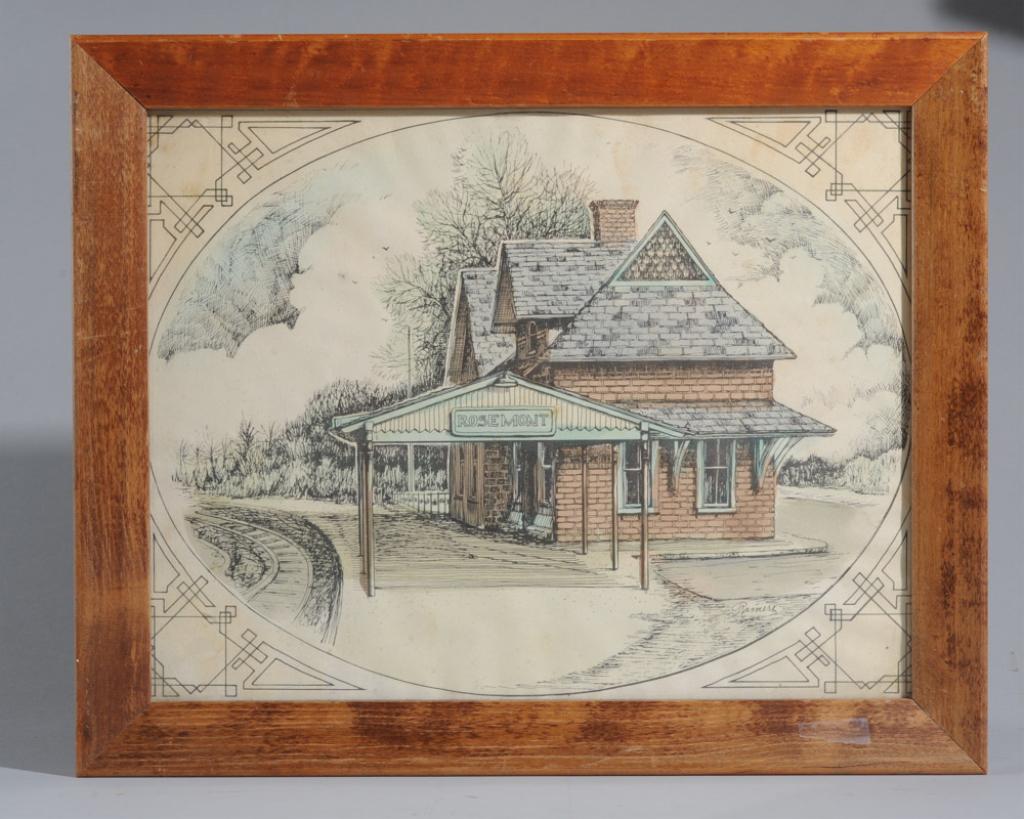 Pen & Ink Drawing Rosemont Train Station, PA: Pen and ink with watercolor signed Ramere or Ramiere or ? showing the quaint brick railroad station with slate roof and a sign reading "Rosemont". Visible image: approx. 13 1/4" x 10 1/4" Frame: appro