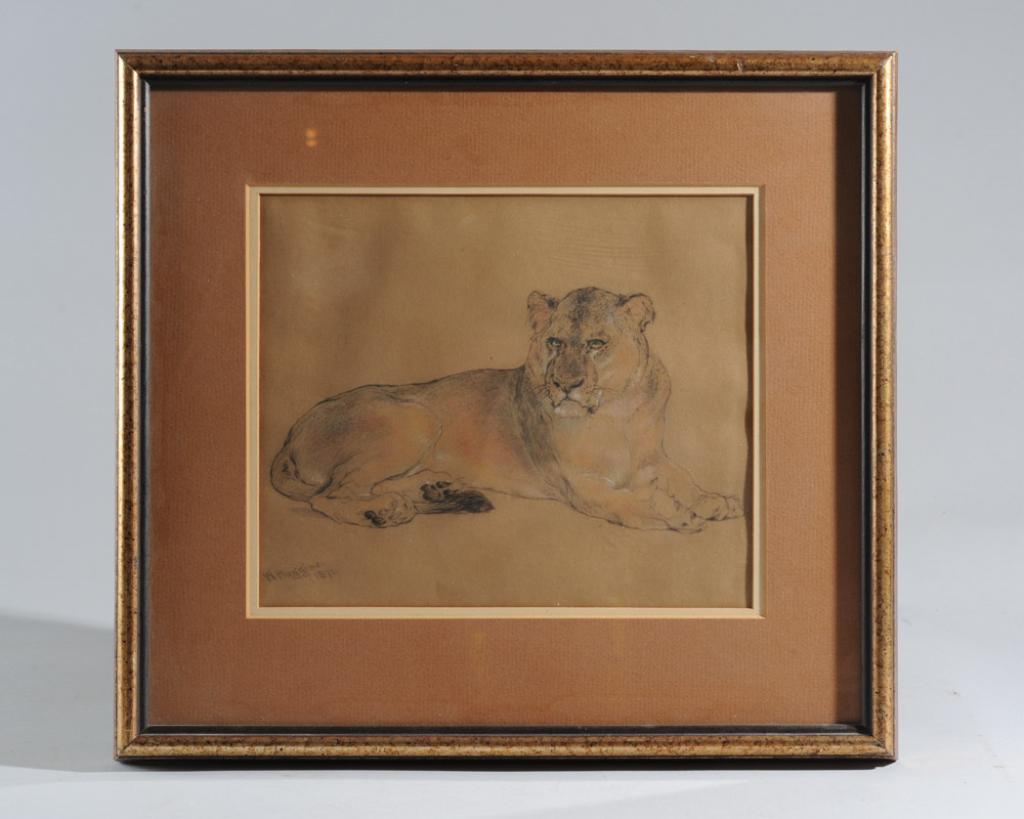 William Huggins (1820 - 1884) Study of a Lion: Study of a lion on paper in chalk and pencil by William Huggins (England, 1820 - 1884), signed lower left and dated 1872, matted and framed.Visible image: approx. 10" x 8 1/4".Frame: approx. 16 1/4" x