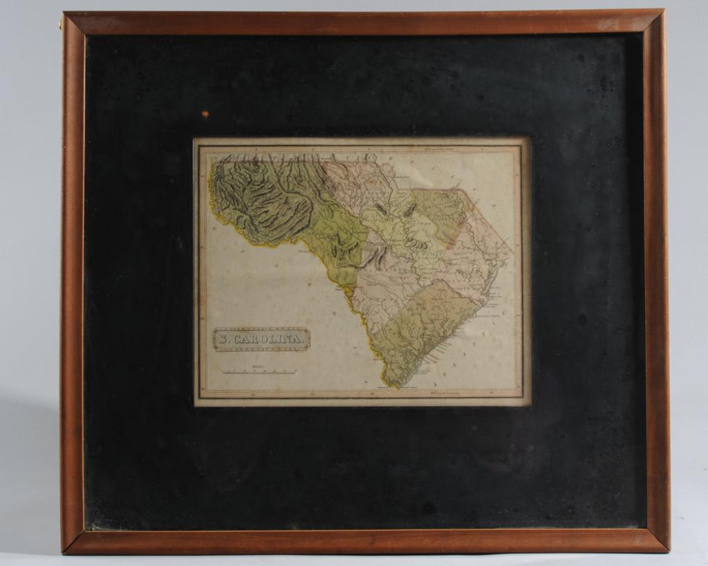 Samuel Lewis Map of South Carolina: Early 19th C. hand-colored map by Samuel Lewis, engraved by Henry Schenck Tanner. With minor foxing and discoloration, not examined out of frame / in as-found condition.Visible image: approx. 11" x 8 