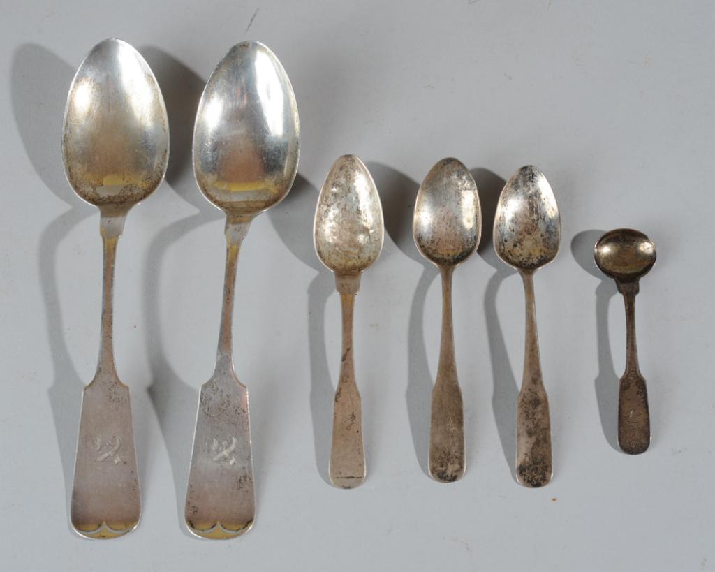 Virginia Coin Silver: William Mitchell, W. Cowen: To include a pre-1845 master salt spoon in reverse tipt fiddle pattern with worn "T" monogram by Richmond, Virginia silversmith William Mitchell, three coin silver teaspoons, two marked "WC", one mark