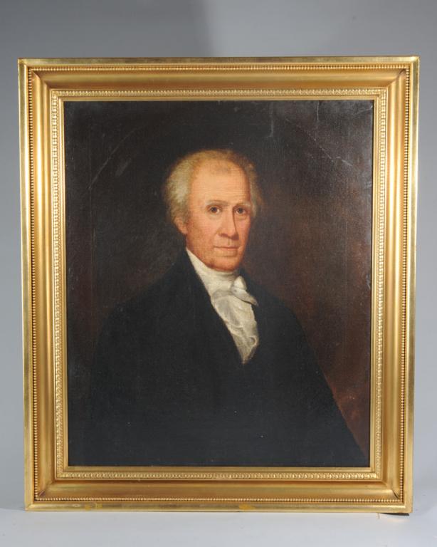 20th C. Oil on Canvas Portrait of Francis Thomas: 20th century oil on canvas reproduction of a late 18th / early 19th century portrait, with a facsimile note to verso identifying the sitter as Francis Thomas (1743 - 1835) of Montevue Plantation, near