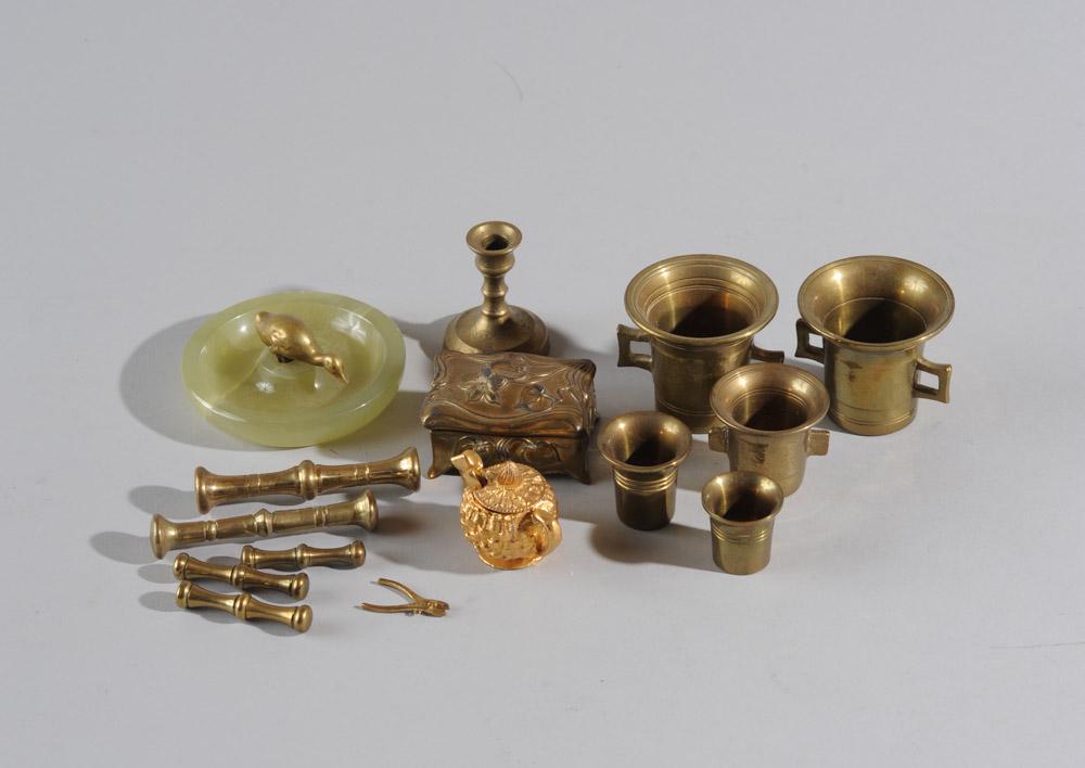 Mixed Metal Lot: 5 miniature mortars & pestles, brass candlestick, stamp box, etc.Tallest H: approx. 1 3/4".