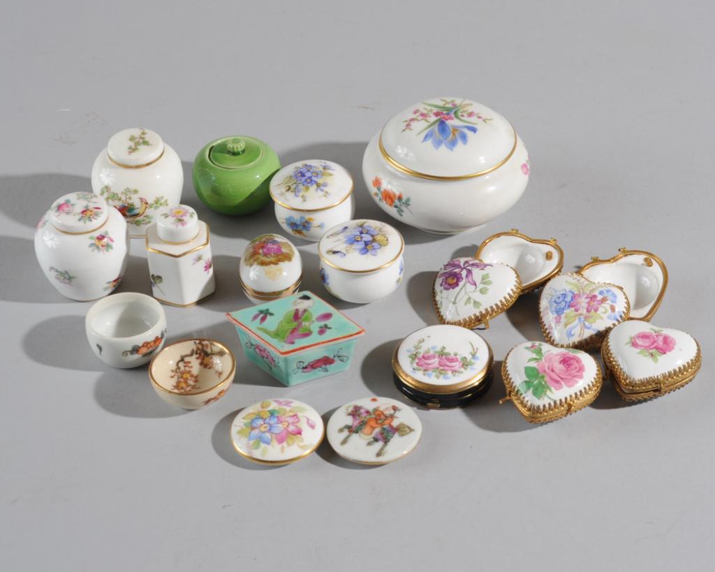 Lot of Miniature Porcelain Boxes: Including Crown Staffordshire, Meissen, Royal Crown Derby, Royal Worcester, etc.Tallest: approx. 1 3/4:
