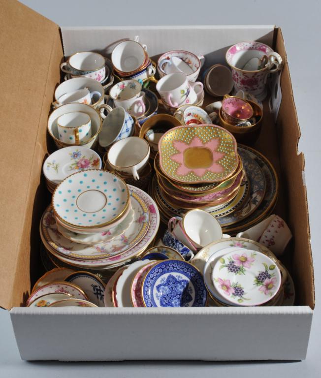 Large Lot Miniature Cups & Saucers: Most mis-matched, including Coalport, Royal Worcester, Shelley, Meissen, etc.Tallest: approx. 3 1/4".