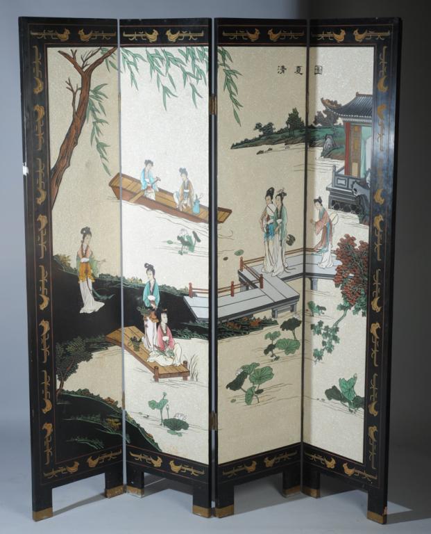 Chinese Coromandel Screen: Four panel screen, one side with a scene of ladies at leisure around a lake with pavilions and boats, the other side with a stand of bamboo. 20th C. Each panel approx. 72" H x 16" W.