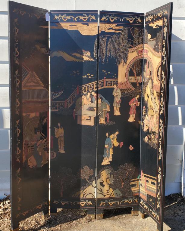 Vintage Chinese Coromandel Screen: Four panel black lacquer screen with a scene from the 18th C. novel, Dream of the Red Chamber, showing ladies in the Grand View Garden (Daguanyuan.) Verso with birds among branches. Early to mid 20th 