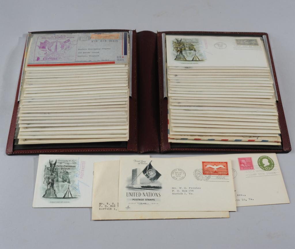 Binder of First Day Covers: 1940s-50s, excellent condition, 100+ pieces. Edgar Allen Poe, Pan American Clipper, Waikiki Beach, American Airlines, Volunteer Firemen, Poultry Progress, Trail of Tears, First Governor of Puerto Rico
