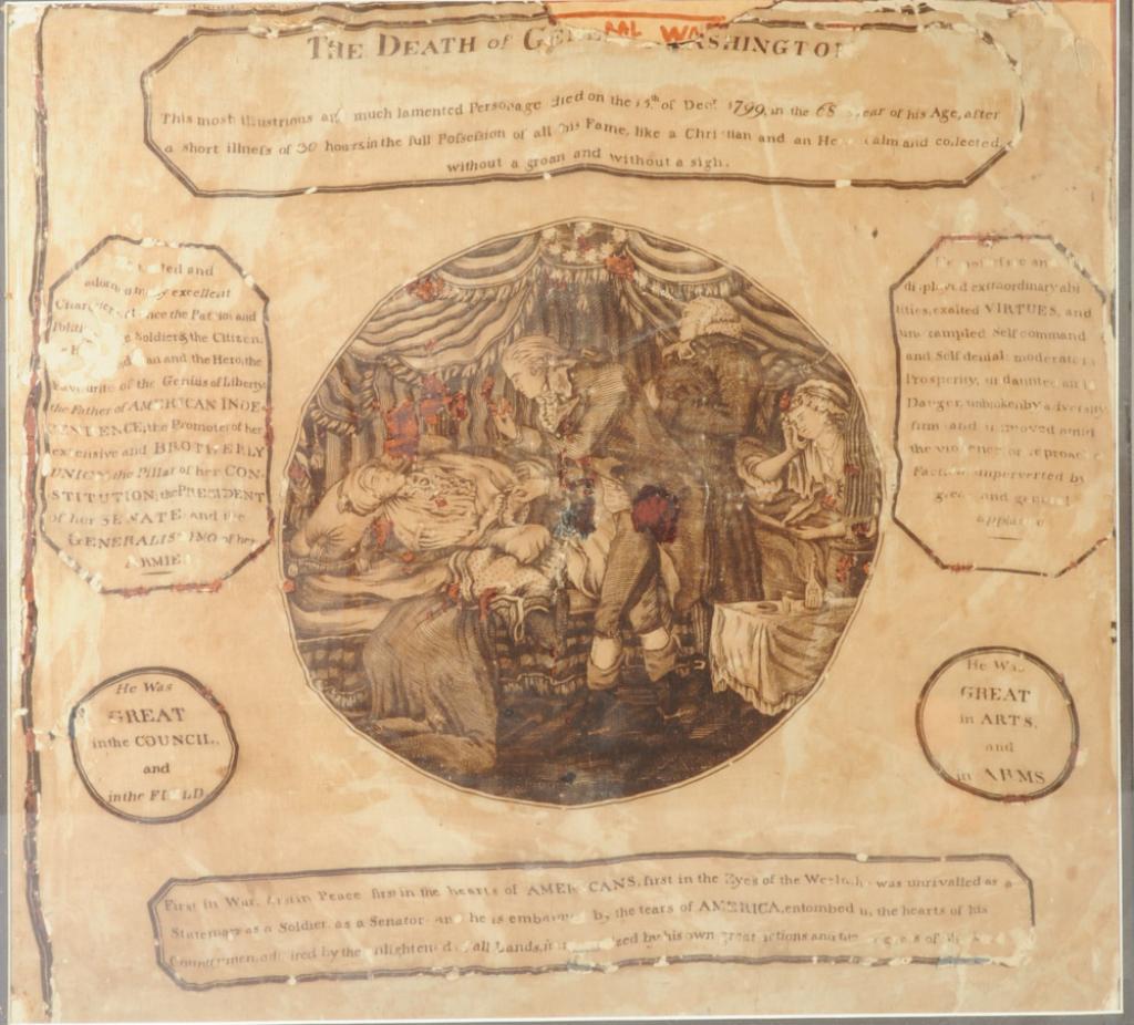 Death of General Washington Historic Textile: This remarkable printed cotton handkerchief was produced shortly after the death of George Washington. Based on a print published by Pember & Luzarder, Philadelphia, the central image shows Washington