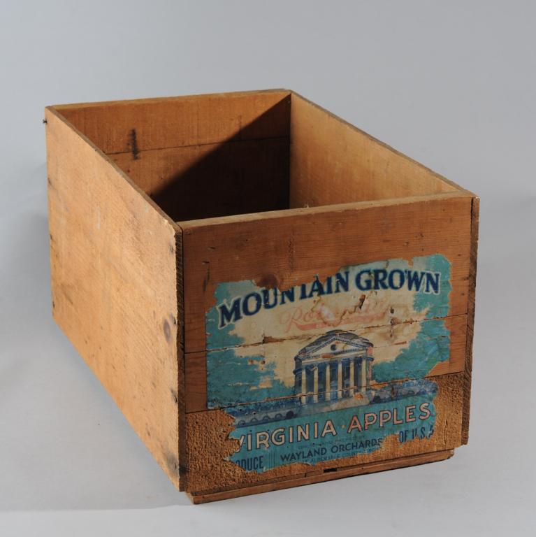 Covesville Virginia "Rotunda" Apple Crate: Old wooden apple crate with colorful paper label for "Rotunda' brand apples from Wayland Orchard in Covesville, Albemarle County, Virginia. Label features an image of the University of Virginia Rotund