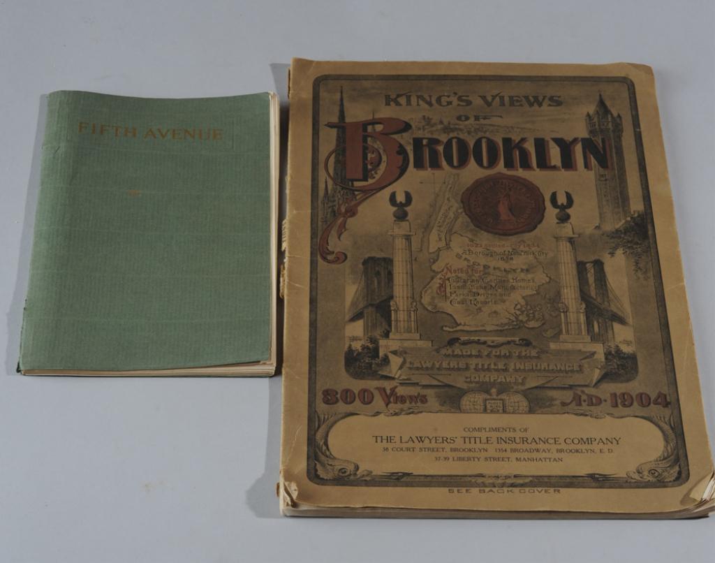 King's Views of Brooklyn, 1904, Fifth Avenue 1915: Two books. The first a soft cover book edited and published by Moses King, with 325 mostly photographic images of Brooklyn commercial and residential buildings, monuments, venues, parks, etc., in 1904