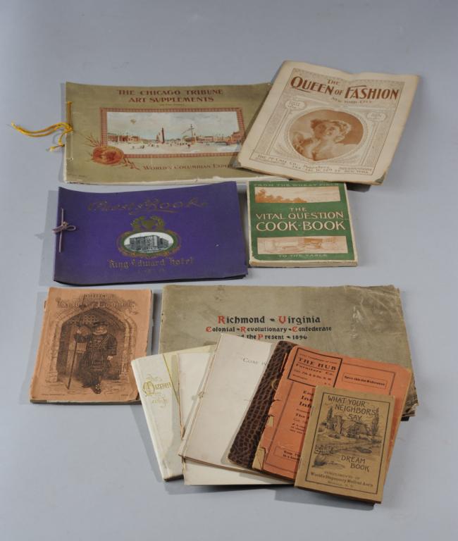 Lot Antique Soft Cover Books, Richmond Va, +: To include "Richmond, Virginia: Colonial, Revolutionary, Confederate and the Present. 1896" by Watkins Norvell, designed illustrated and published by Edgar B. Brown, 1896. With large fold out map. Als