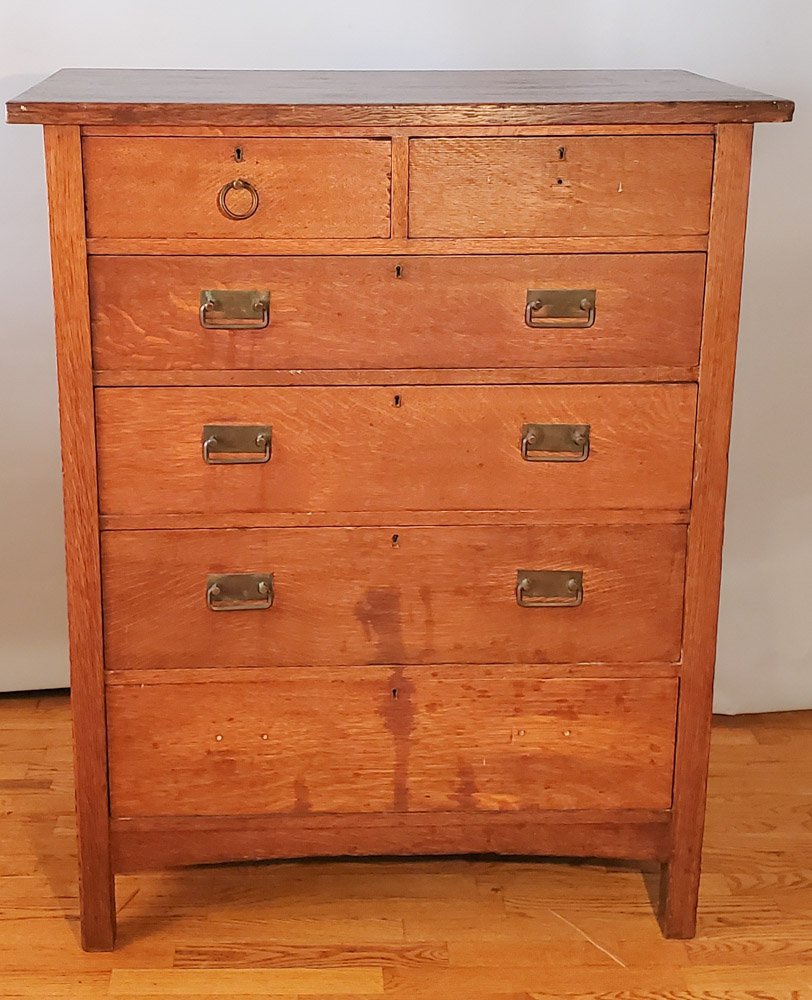 Stickley Brothers Early 20th C. Chest of Drawers: Stickley Brothers Quaint Furniture label to back, Two short dovetailed drawers over four larger drawers, pulls missing from top left and bottom drawer / in as-found condition.H: approx. 47".W: approx.
