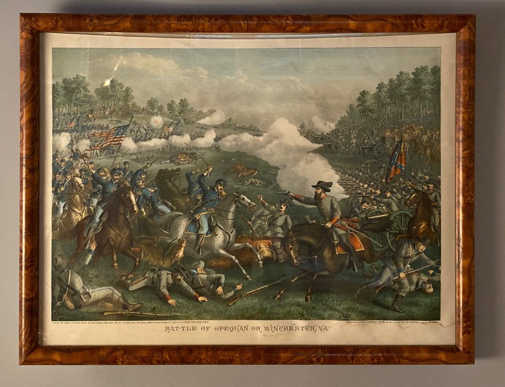 19th C. Kurz & Allison Civil War Print: Framed chromolithograph published by Kurz and Allison entitled "Battle of Opequan or Winchester, VA" showing Union and Confederate cavalry clashing with infantry and artillery in the background. Copyr