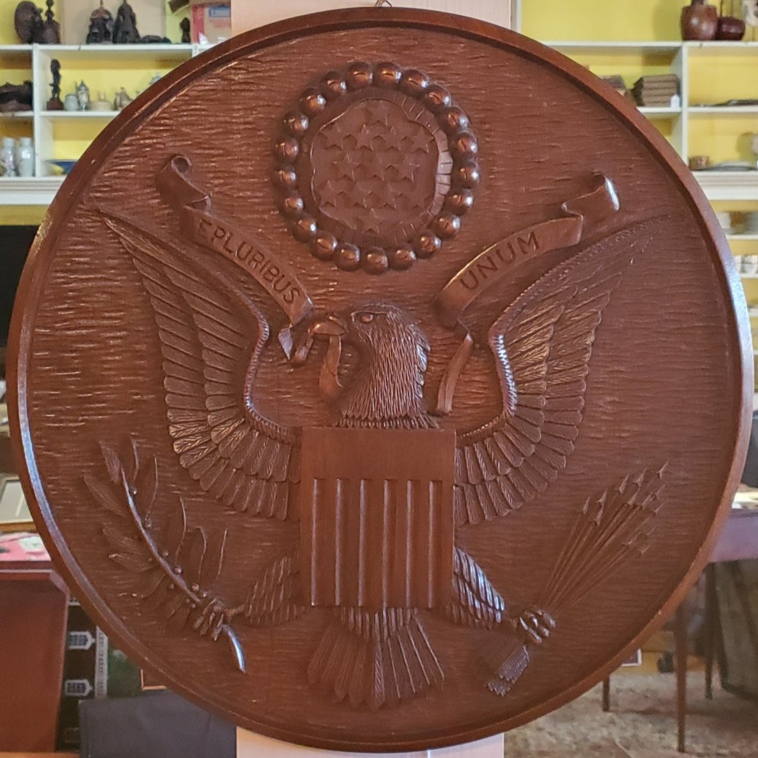 Carved Mahogany Great Seal of the United States: Hand carved Honduran Mahogany Great Seal of the United States. Carved to verso: Caobas de Honduras C. A. , approx. 20" diameter