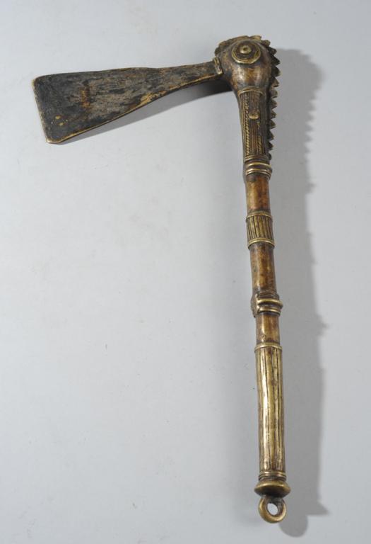 African Bronze Prestige Axe, Nigeria: The head distinctly birdlike with eyes and crest. Possibly Vere or Tiv artist. Approx. 16 3/4" L. Provenance: Estate of Thomas McNemar, (1931-2020.) McNemar lived and collected throughout Central and 