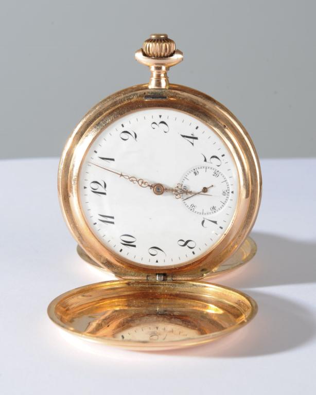 Antique Swiss 14k Hunter Case Pocket Watch: Late 19th / early 20th century, with monogram to front, Arabic numerals to face. Swiss squirrel gold mark, German imperial crown, "0,585" and "162" to backside of front cover. Squirrel, crown, "0,585"