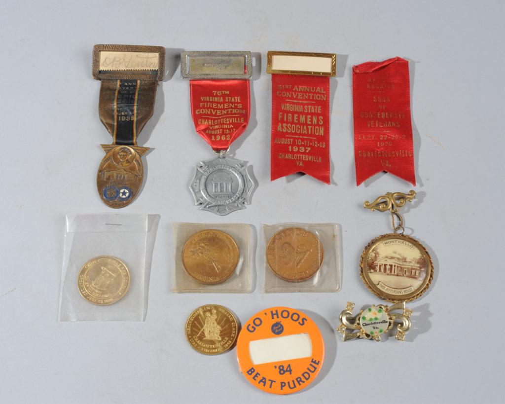 Charlottesville Badges, etc.: 1938 American Legion Charlottesville Badge, 1962 Virginia State Firemen's Convention Charlottesville Badge, Tokens, etc.