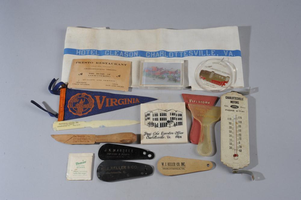 Charlottesville Lot: Hotel Gleason cloth item, Charlottesville Motors Ford thermometer, MacGregor Motors and the Fashion, Inc. letter openers, Coggins Motor Co. and MacGregor Motors ice scrapers, Martha Jefferson hospital