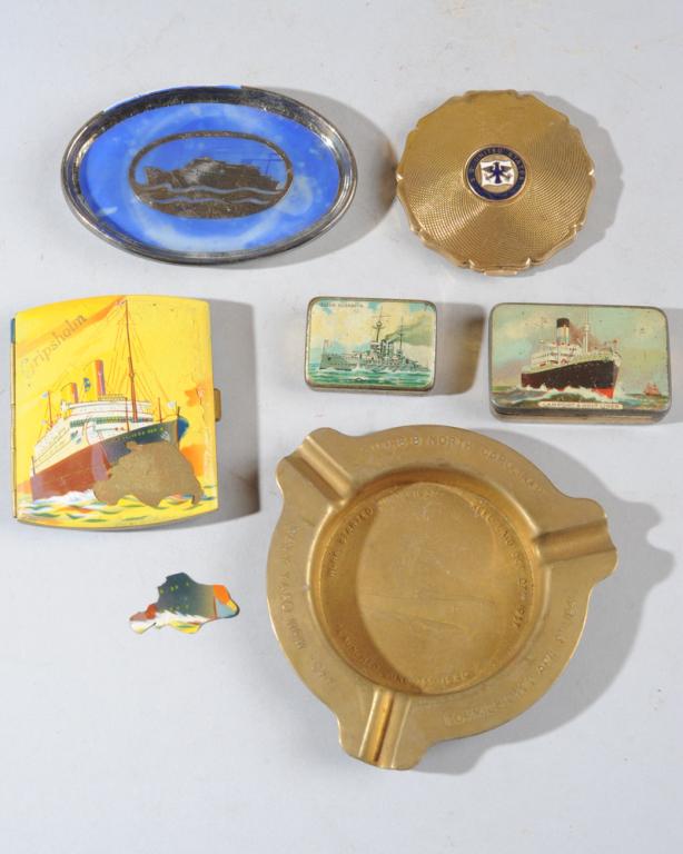 Lot of Ship Memorabilia: Including USS North Carolina Ashtray, Breman Oval Tray by Rosenthal, SS United States Compact, Queen Elizabeth Tin Box, etc.