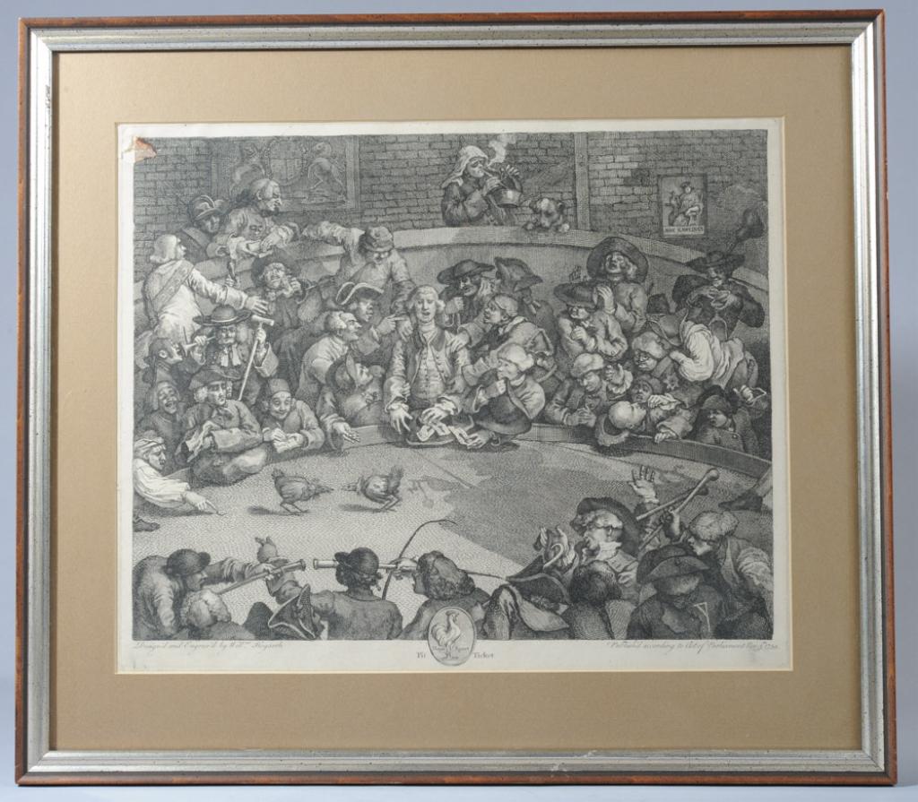 Engraving After William Hogarth "Pit Ticket": Age / edition unknown, damage to upper right, in as-found condition. Matted and framed, not examined out of frame.Visible image: approx. 15 1/4" x 12 1/4"Frame: approx. 20" x 17 1/2"