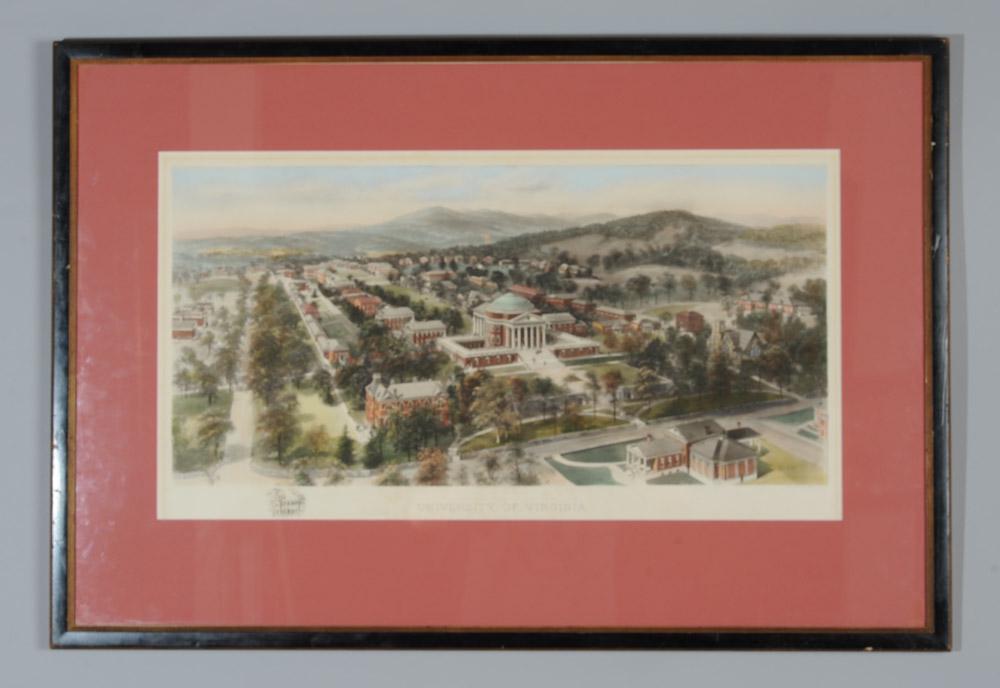 Bird's-Eye View University of Virginia 1907: Hand-colored lithograph showing a bird's eye view of the grounds of the University of Virginia, after a circa 1900 watercolor by Richard Rummell (1848-1924.) Seen from a height of about 300 feet, some